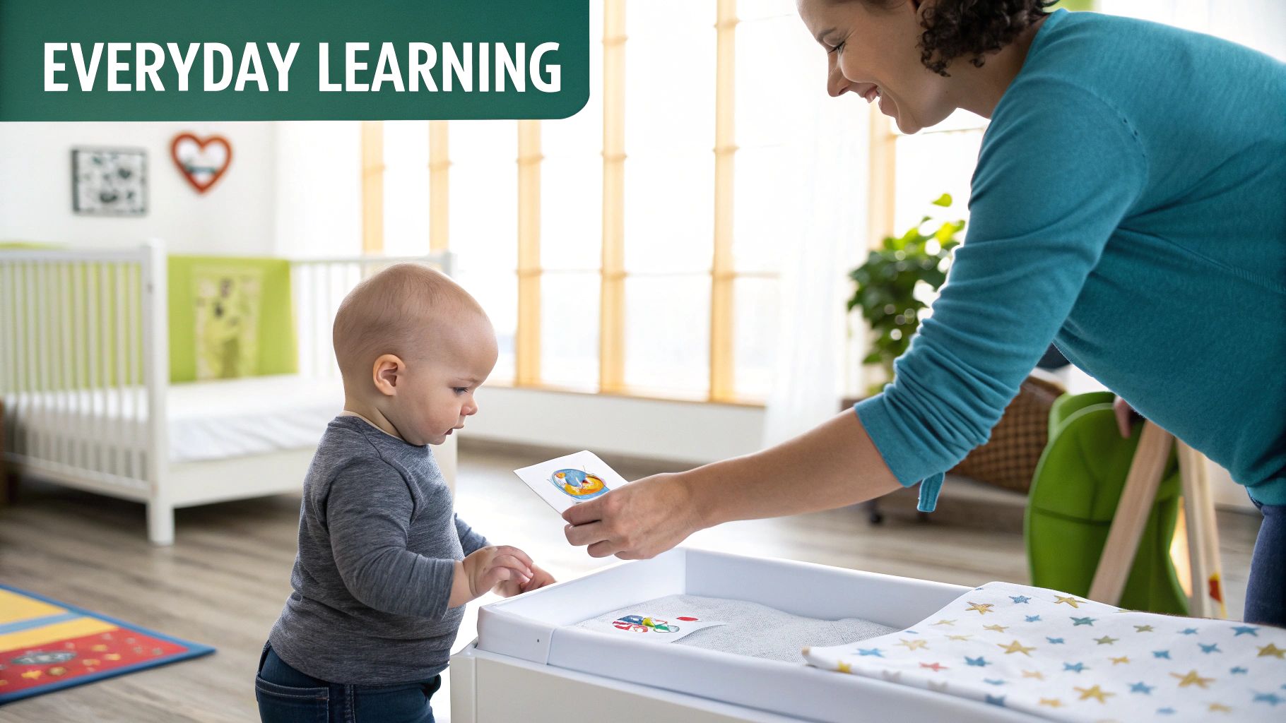 A smiling adult shows a high-contrast picture card to an engaged baby in a bright nursery.