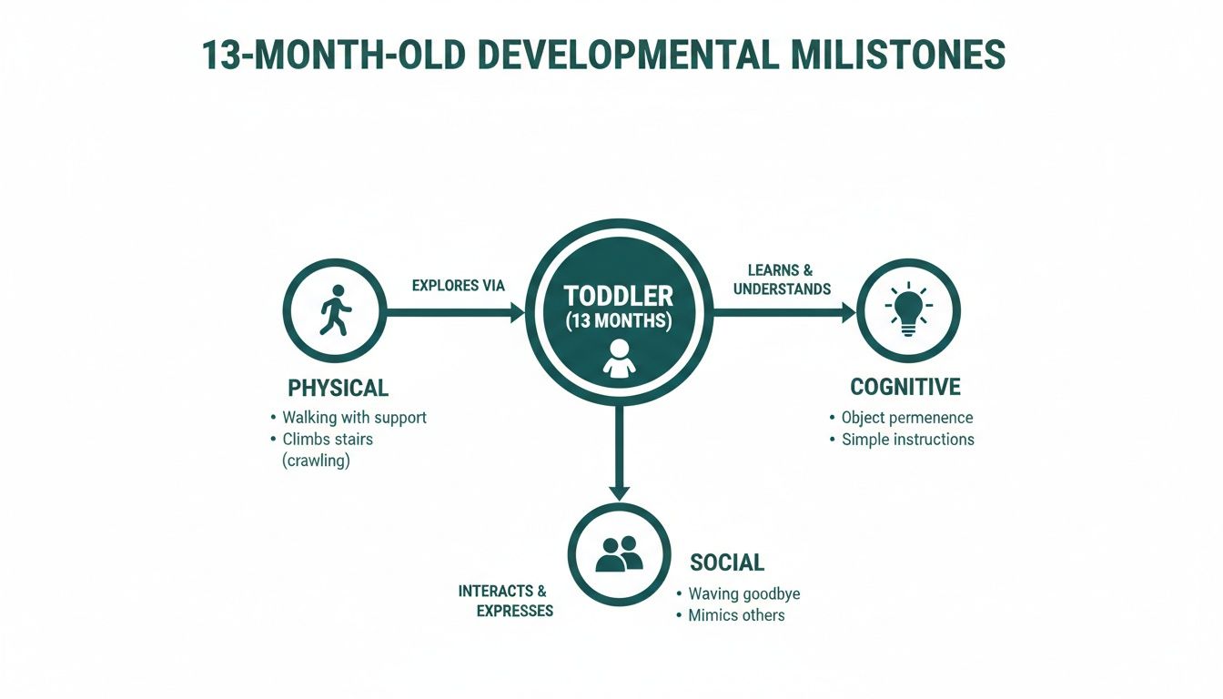 Diagram illustrating 13-month-old toddler developmental milestones across physical, cognitive, and social domains.