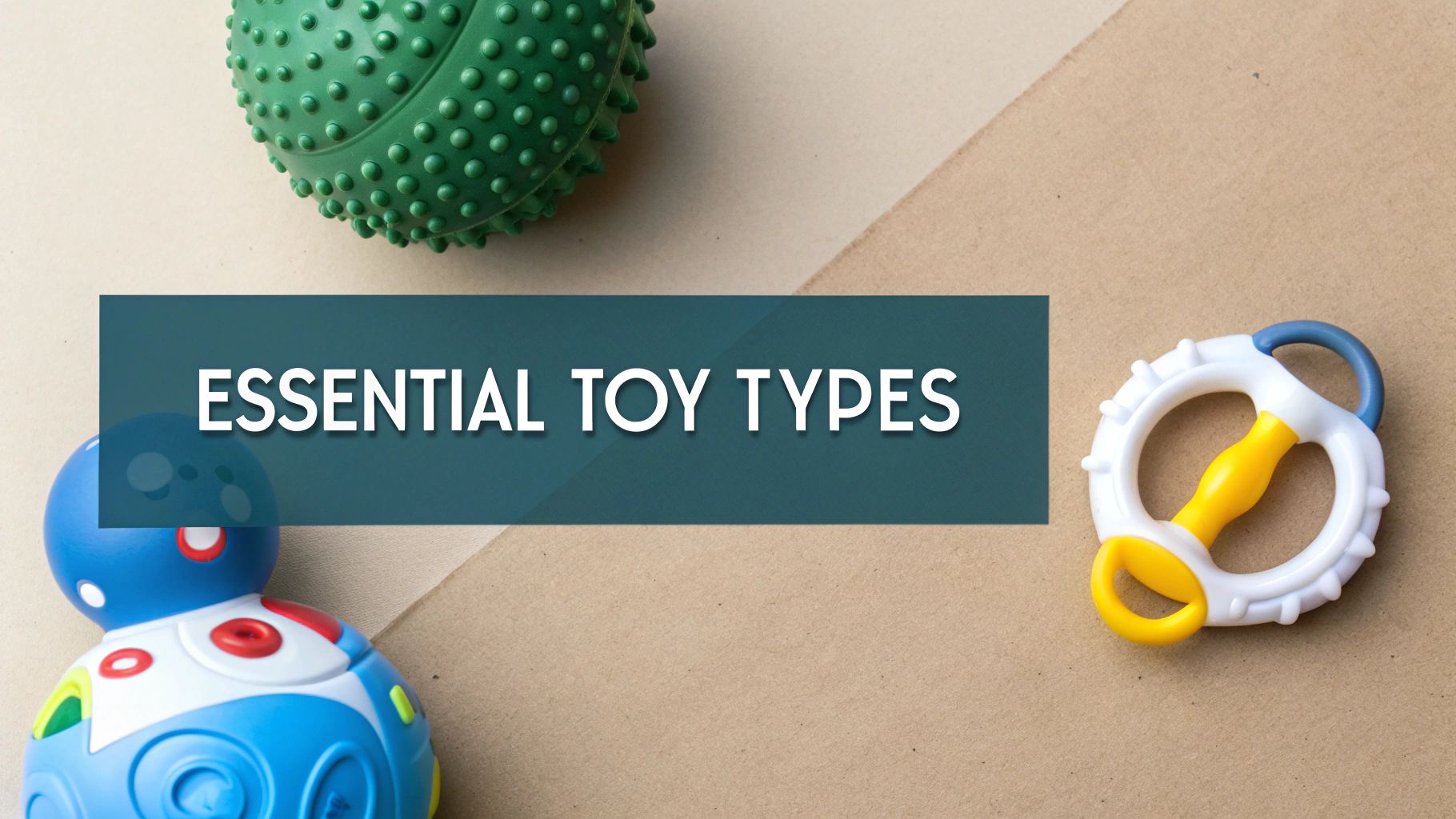 A collection of colourful sensory and motor skill toys for newborns laid out on a soft surface.