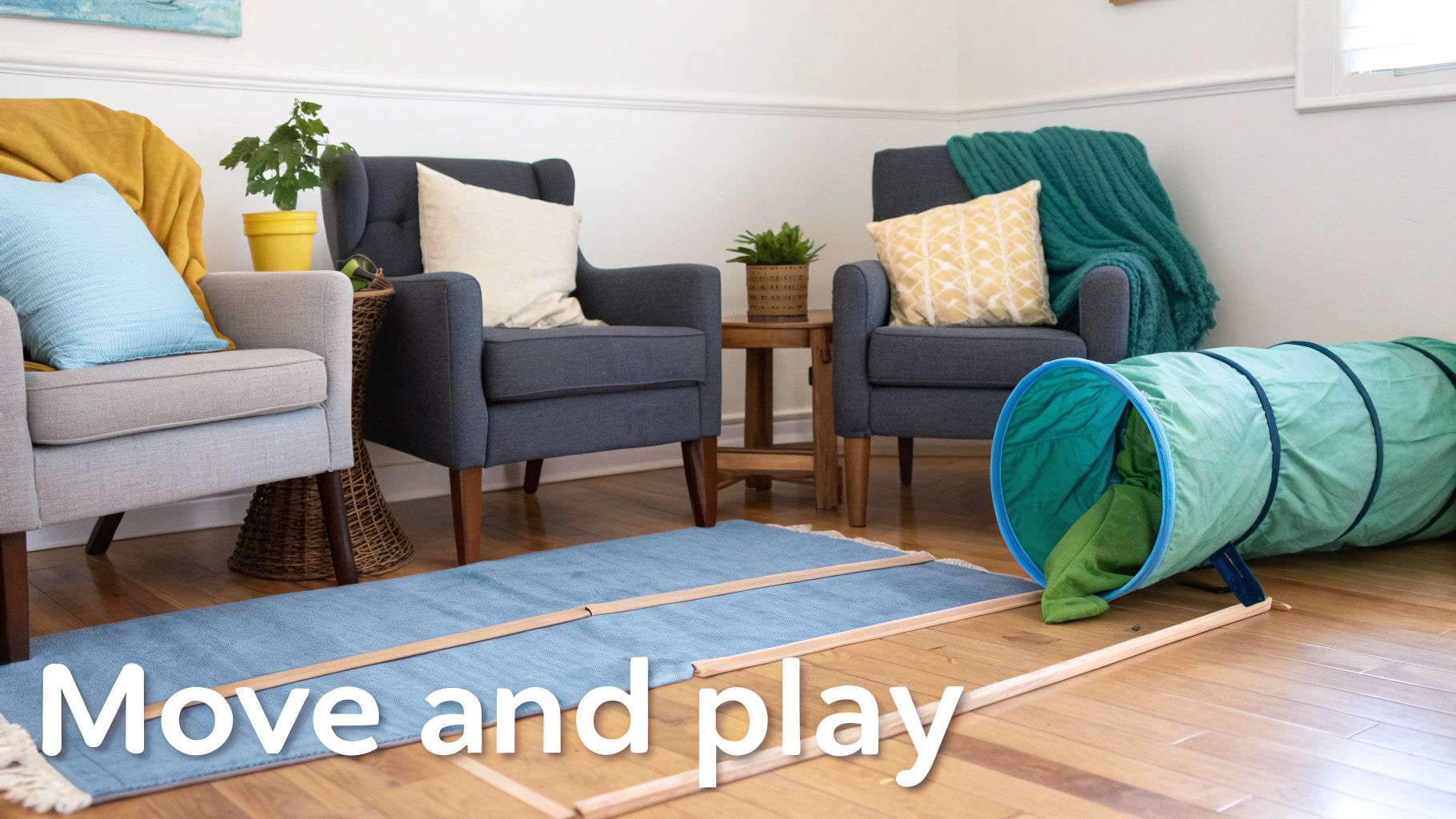 A bright living room with armchairs, a blue rug, and a green play tunnel for active fun.