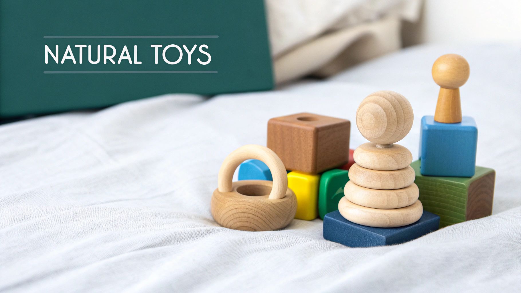 Natural wooden toys including a stacker, blocks, and a rattle on a white blanket with 'NATURAL TOYS' text.