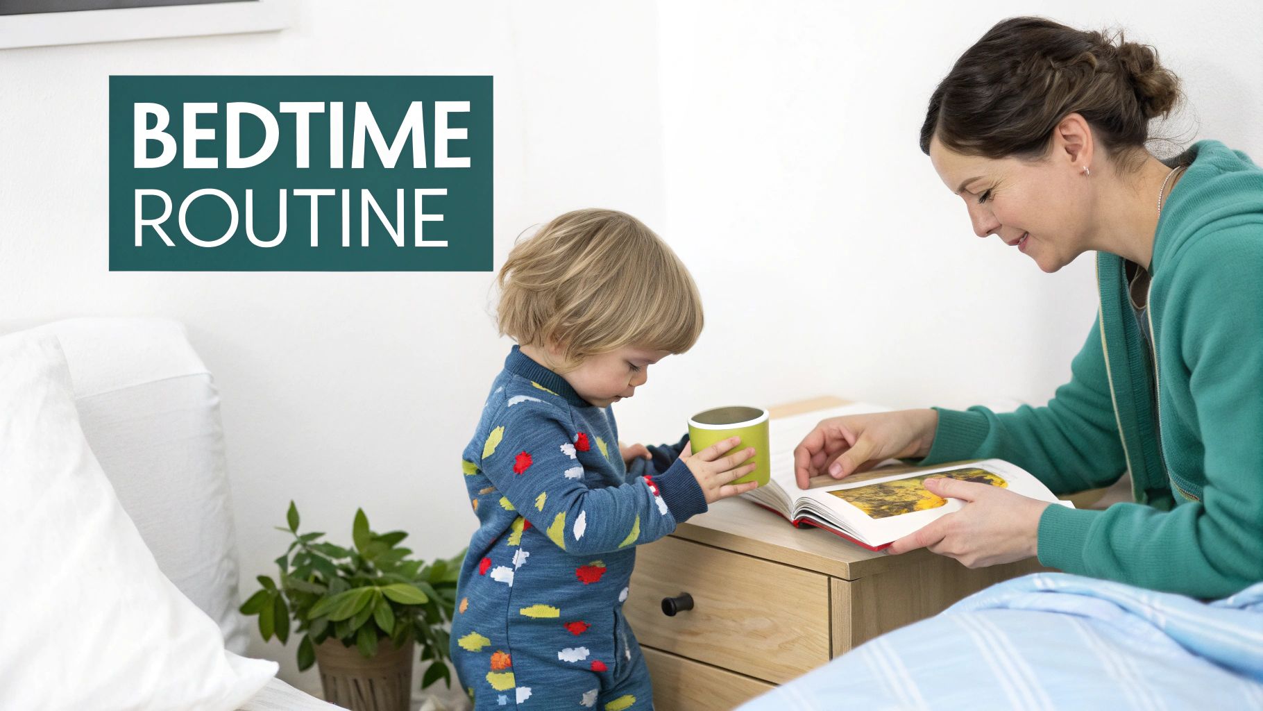 Mother reads a book to a young child holding a cup, illustrating a bedtime routine.