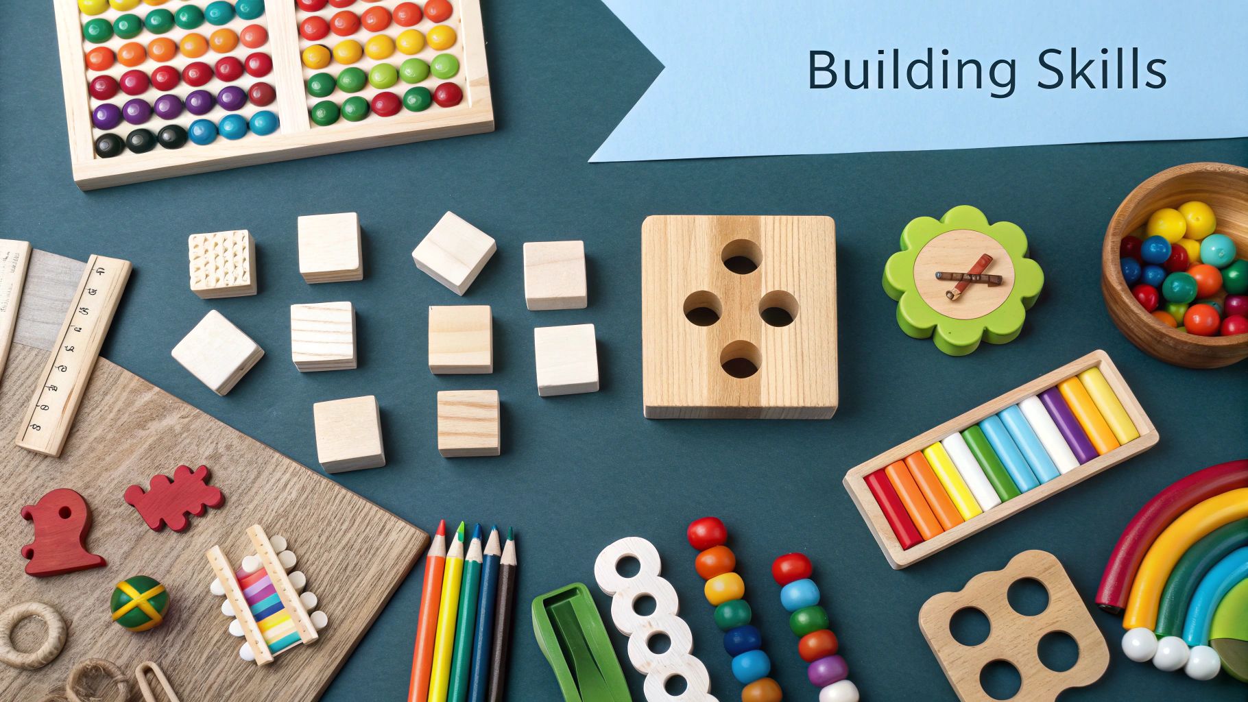 A variety of colourful learning toys for a 2-year-old laid out on a clean, light-coloured surface.