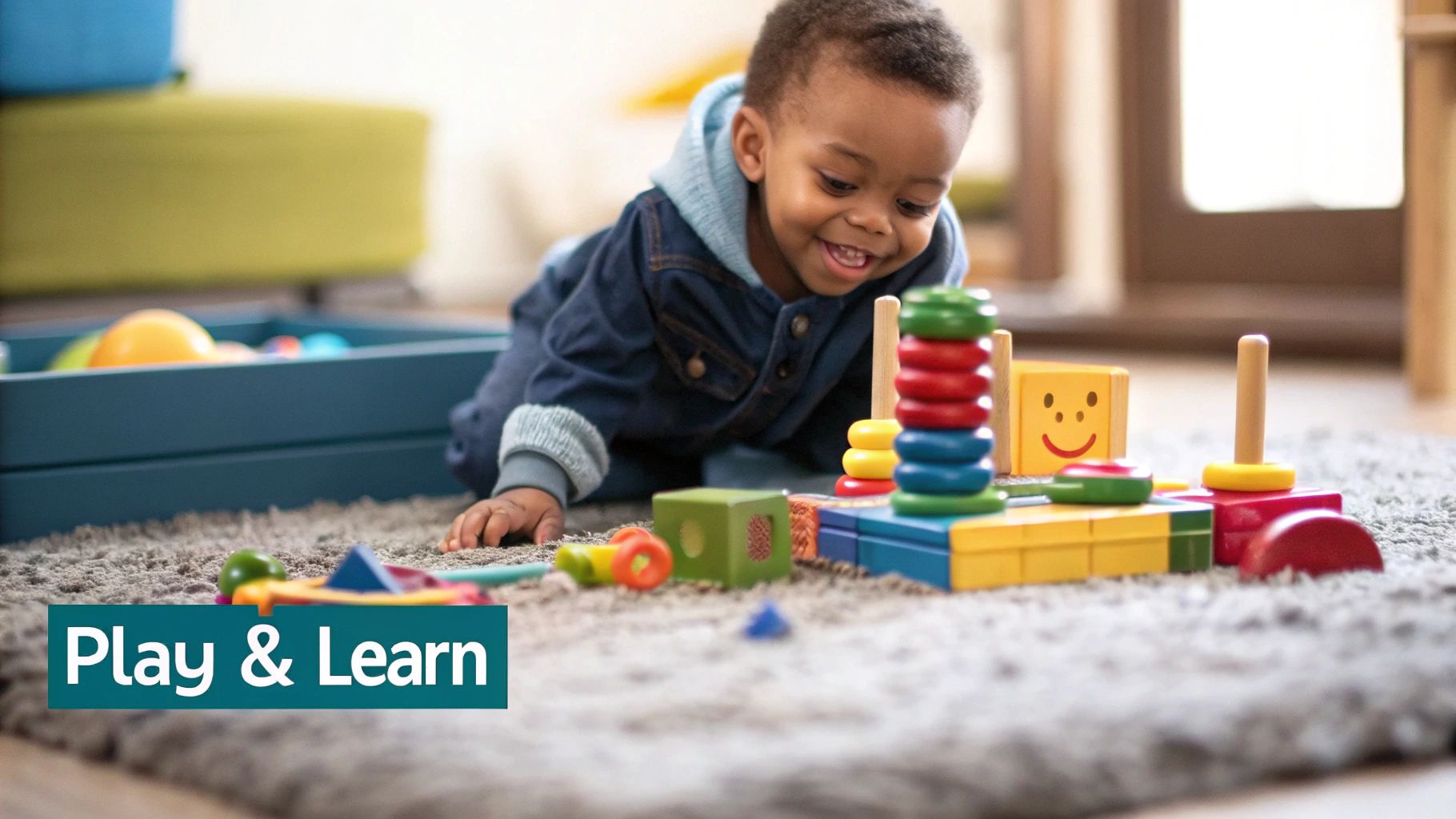A curious toddler looking at the camera with a blurred background of colourful toys.
