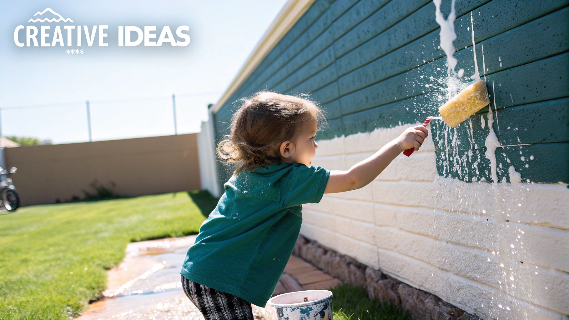 A joyful toddler 'paints' an outdoor wall with a large sponge and water, creating suds.