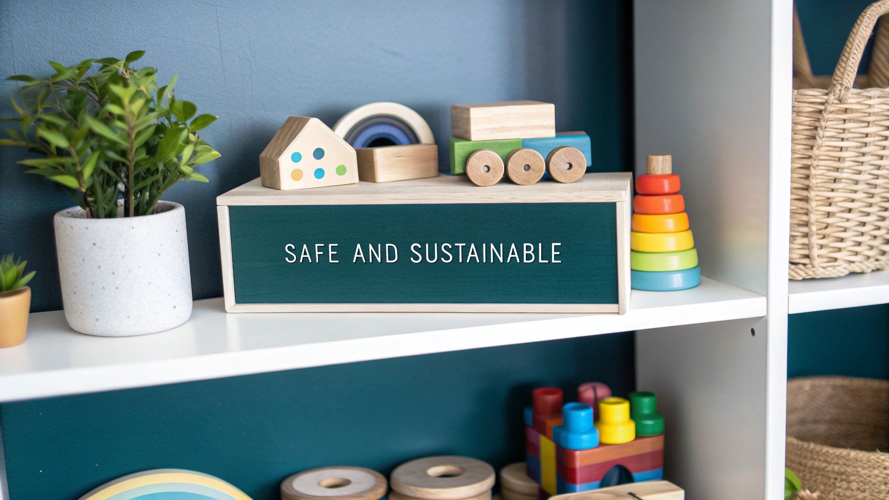 A white shelf with a plant, colorful wooden toys, and a sign saying 'SAFE AND SUSTAINABLE'.