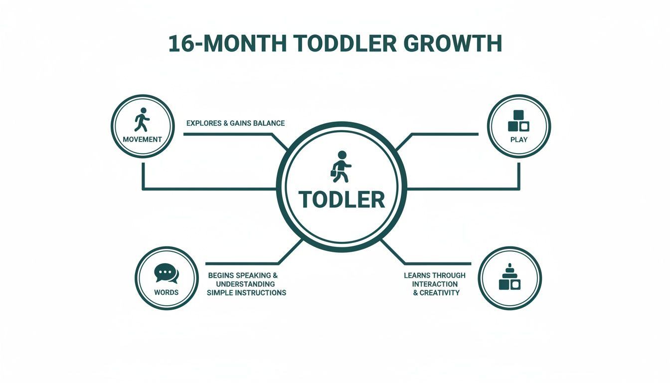 Diagram illustrating 16-month toddler growth milestones, including movement, play, words, and creativity.