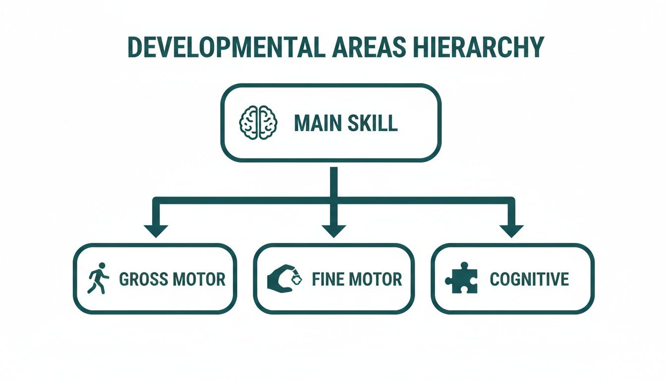 A hierarchy chart showing main skill branching into gross motor, fine motor, and cognitive developmental areas.