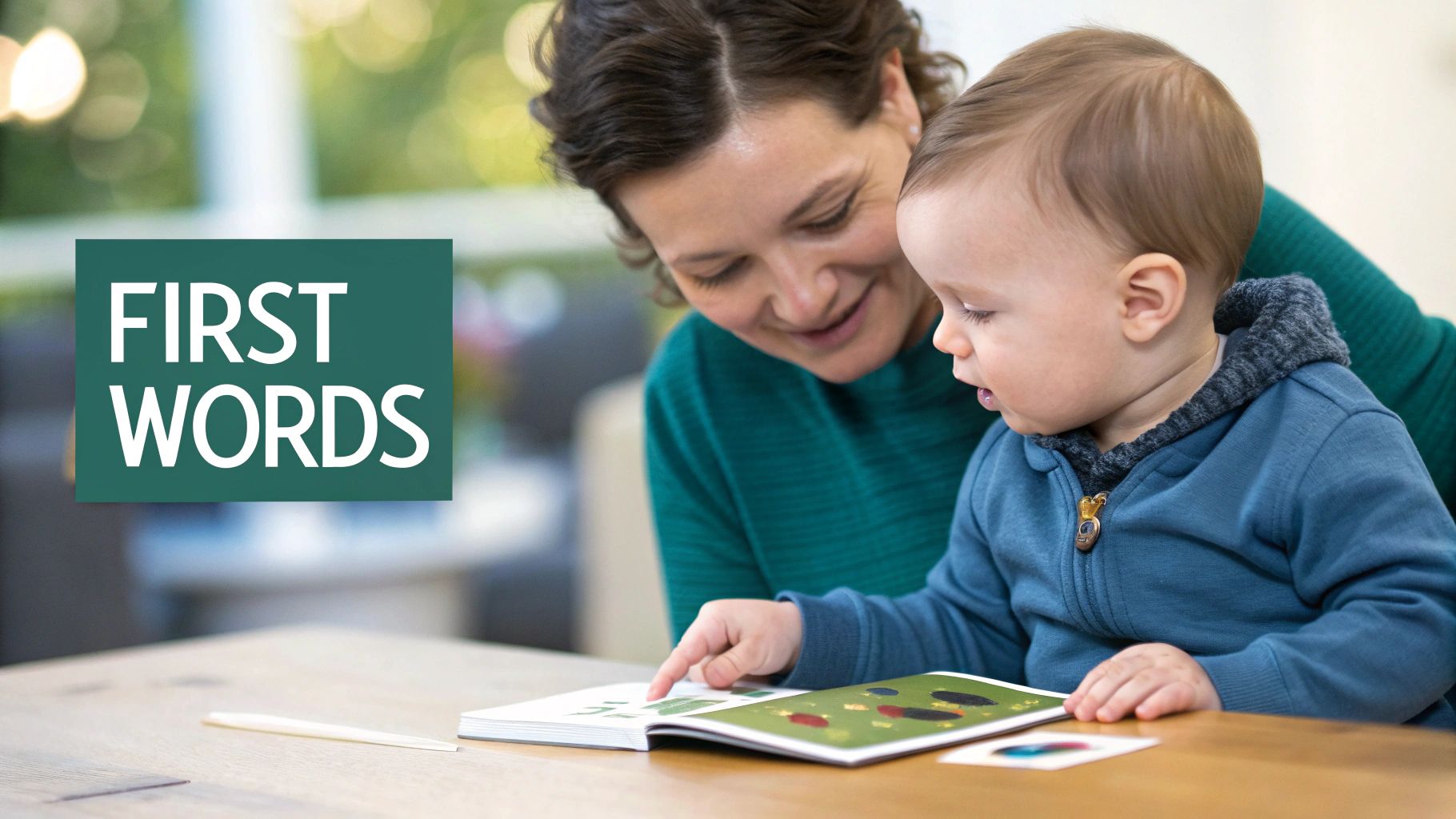 A smiling mother and baby reading a board book about first words together.