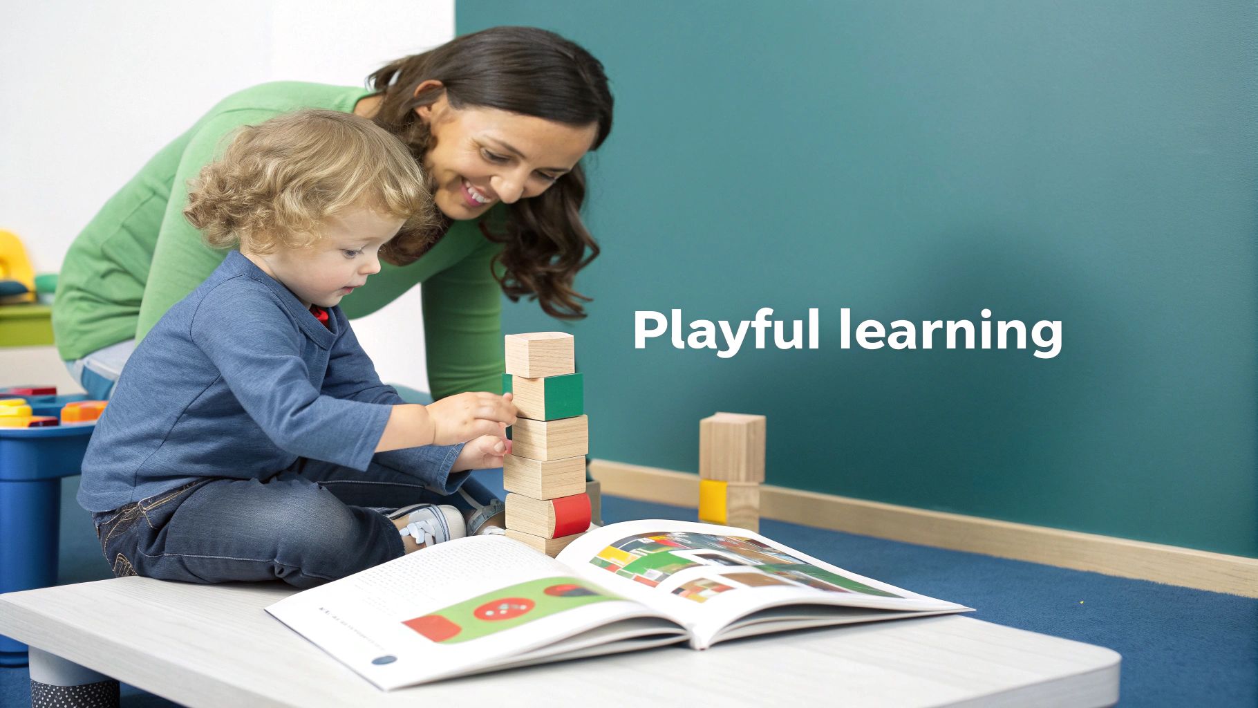 A parent and child playing together with colourful building blocks on a rug at home.
