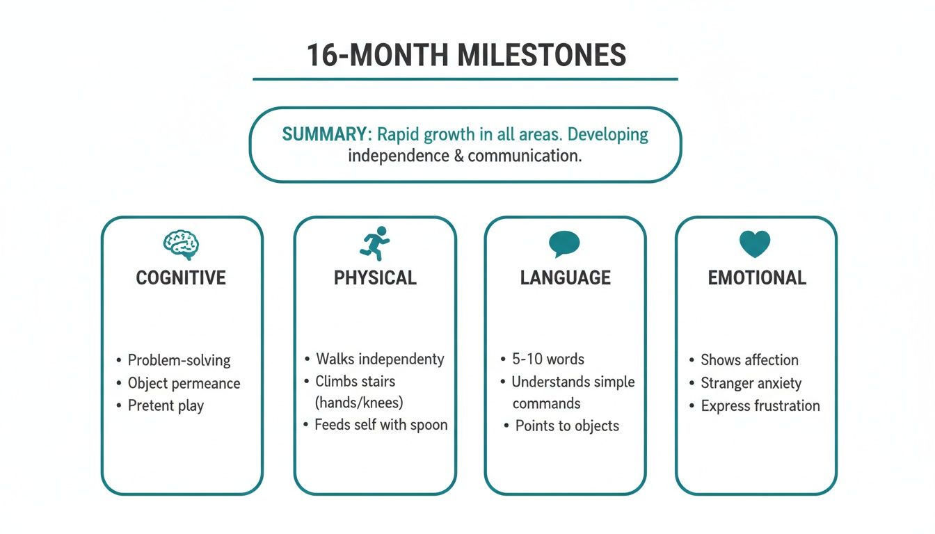 A chart detailing 16-month developmental milestones across cognitive, physical, language, and emotional categories.