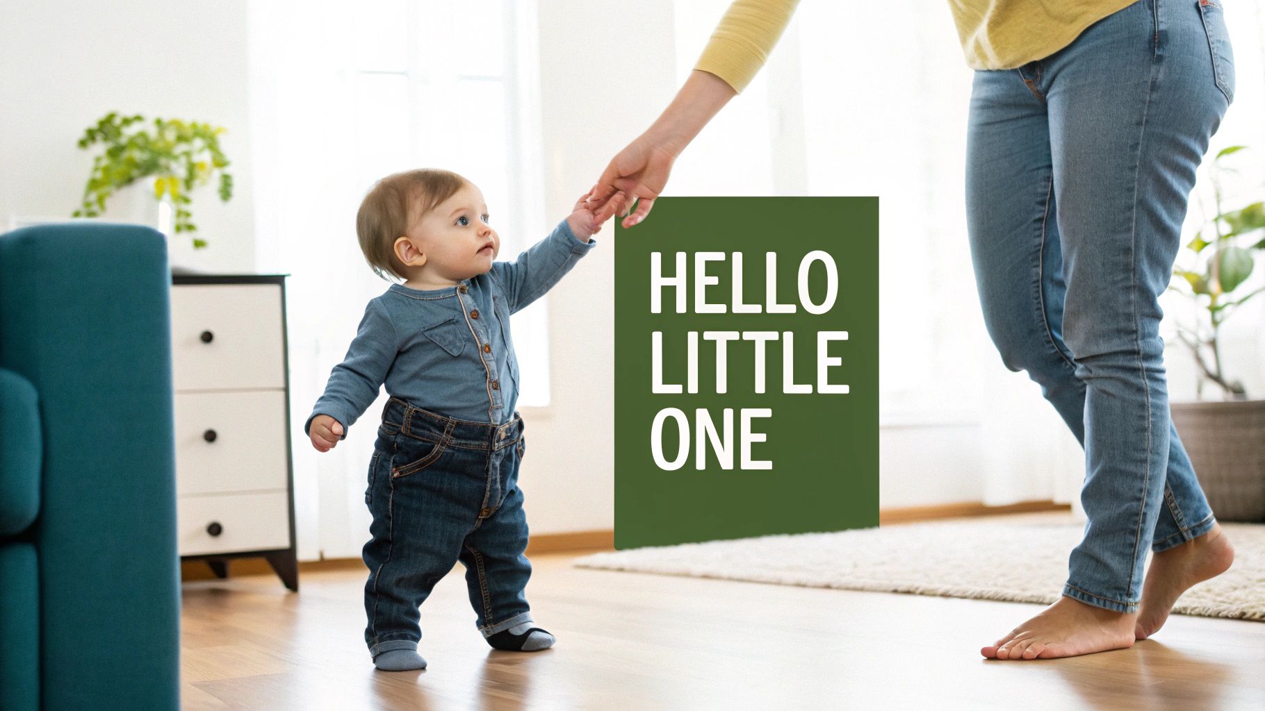 A baby in denim clothing holding an adult's hand, learning to walk, with text 'HELLO LITTLE ONE'.