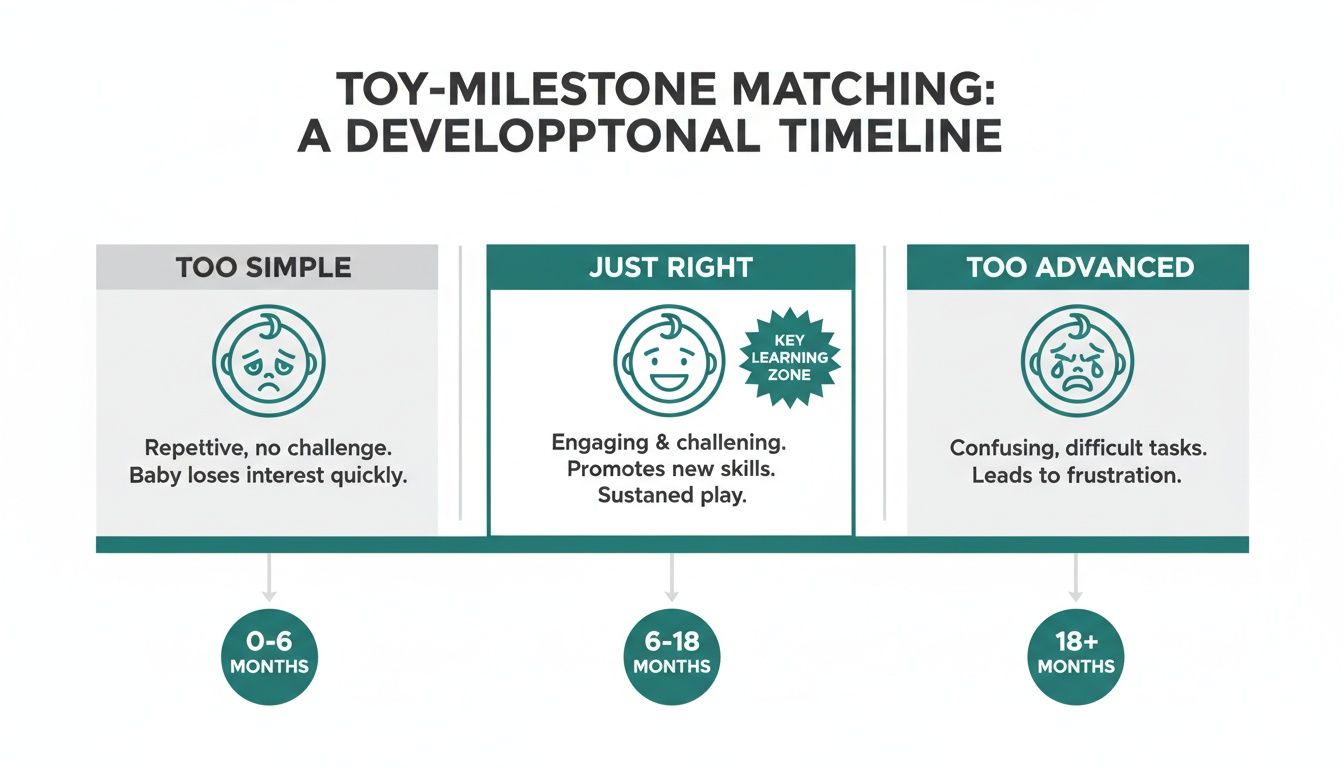 Infographic illustrating toy-milestone matching for infants, categorizing toys as too simple, just right, or too advanced.