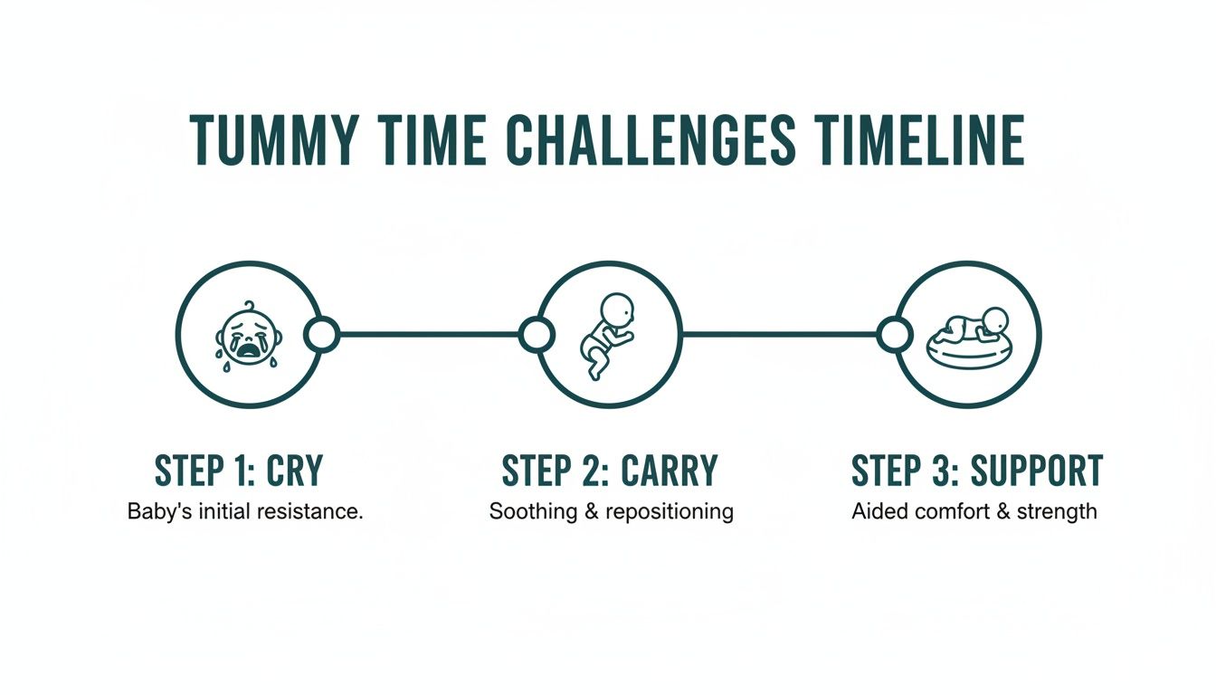 A timeline illustrating the three steps of tummy time challenges: Cry, Carry, and Support, with baby icons.