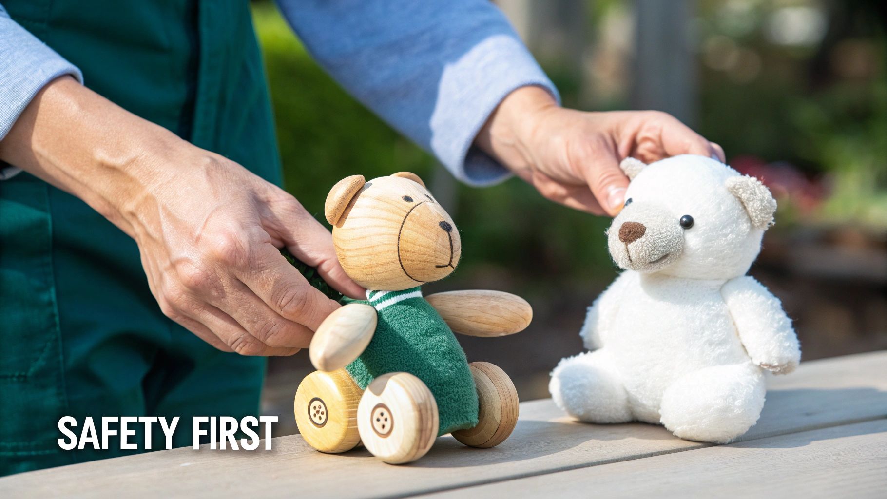 Hands arranging a wooden teddy bear with wheels and a soft white plush teddy bear on a wooden surface outdoors.
