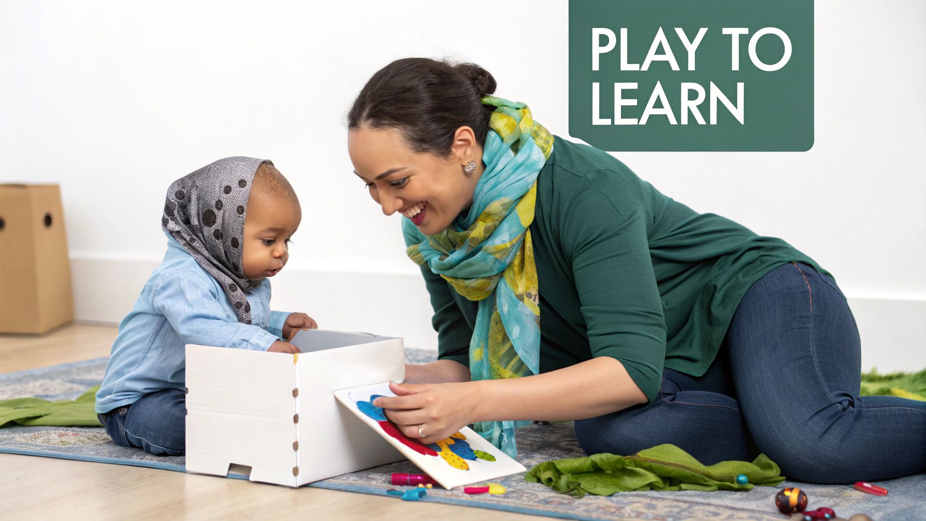 A baby playing with colourful toys on the floor