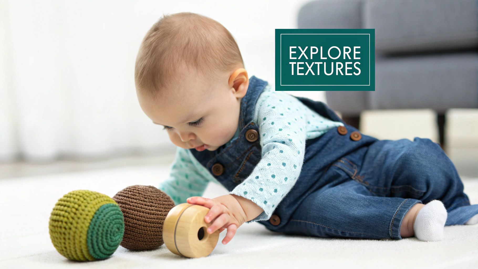 A happy baby on a light carpet reaching for green, brown, and wooden textured toys.