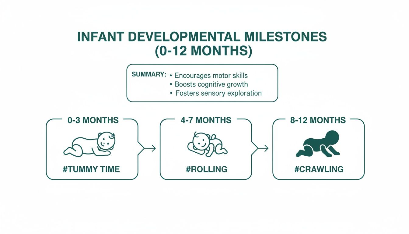 Infographic on infant developmental milestones (0-12 months), highlighting tummy time, rolling, and crawling activities.