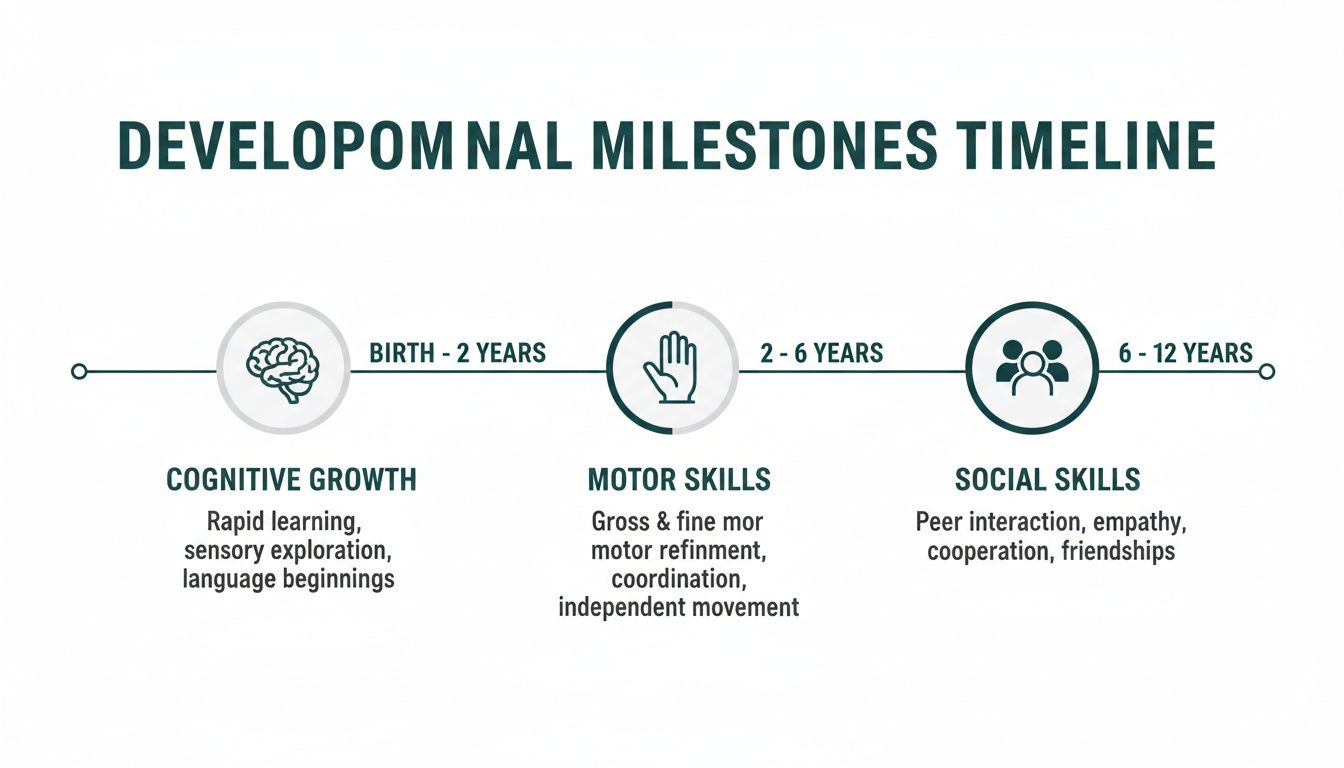 A developmental milestones timeline showing cognitive, motor, and social skills stages from birth to 12 years.