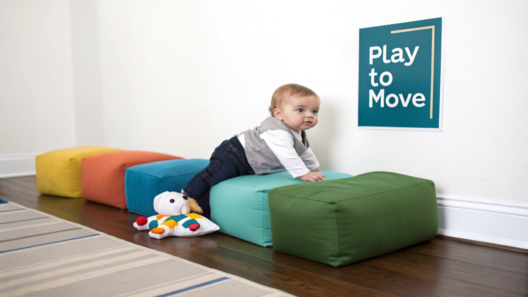 A baby in a gray vest crawls on colorful soft blocks near a 'Play to Move' sign.