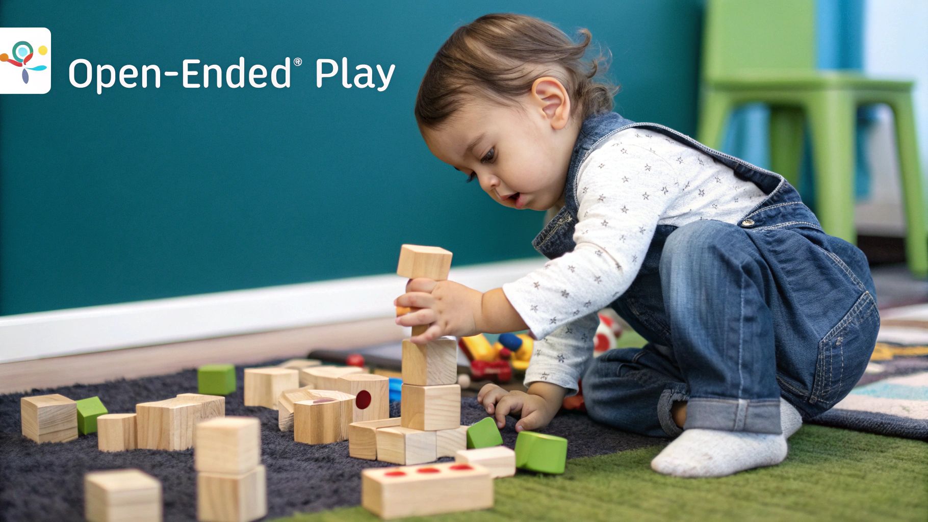 A mother and her young daughter playing with colourful blocks on the floor of a sunny living room.