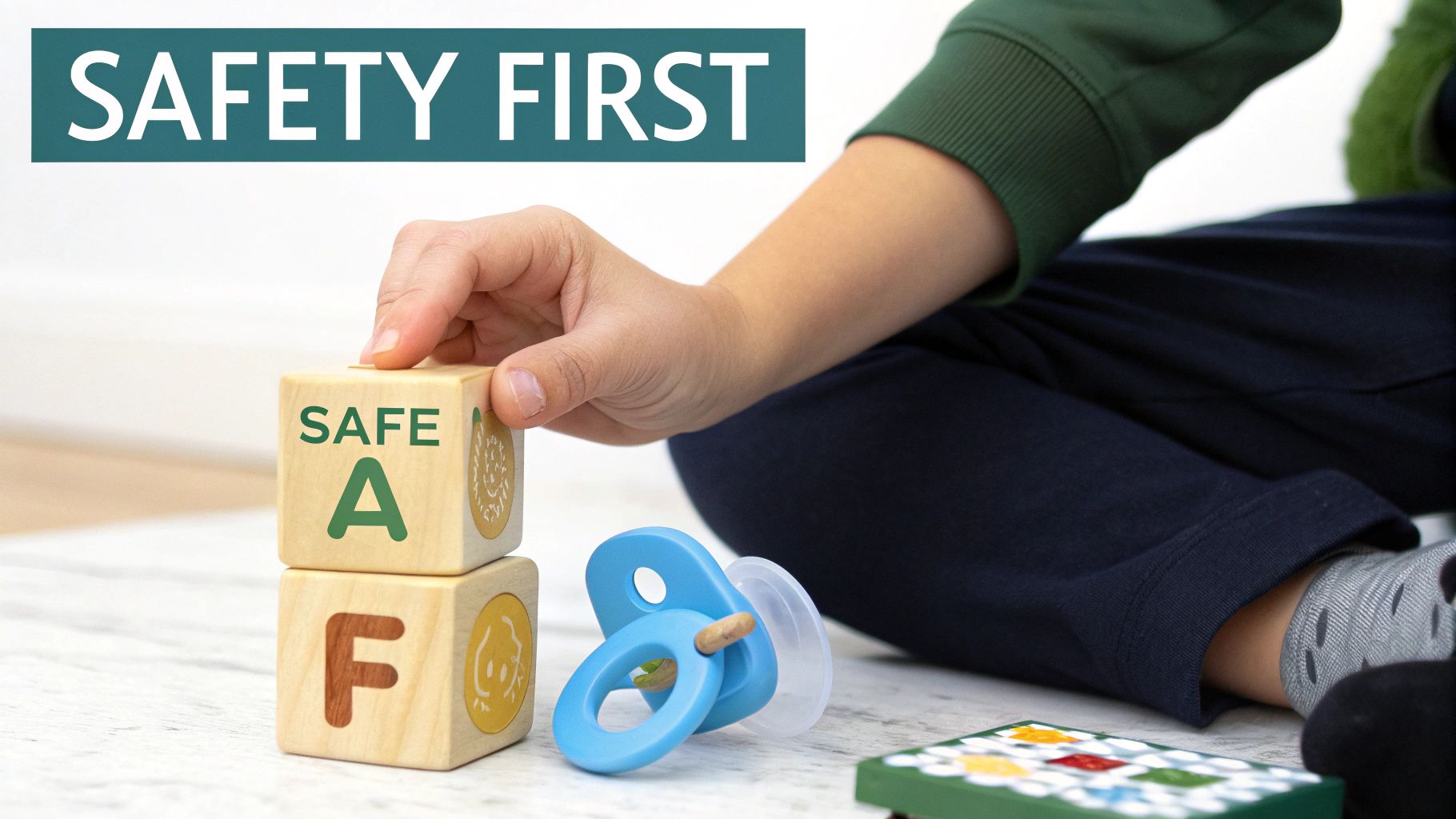 A child's hand plays with wooden blocks spelling 'SAFE' next to a blue pacifier, with 'SAFETY FIRST' text.