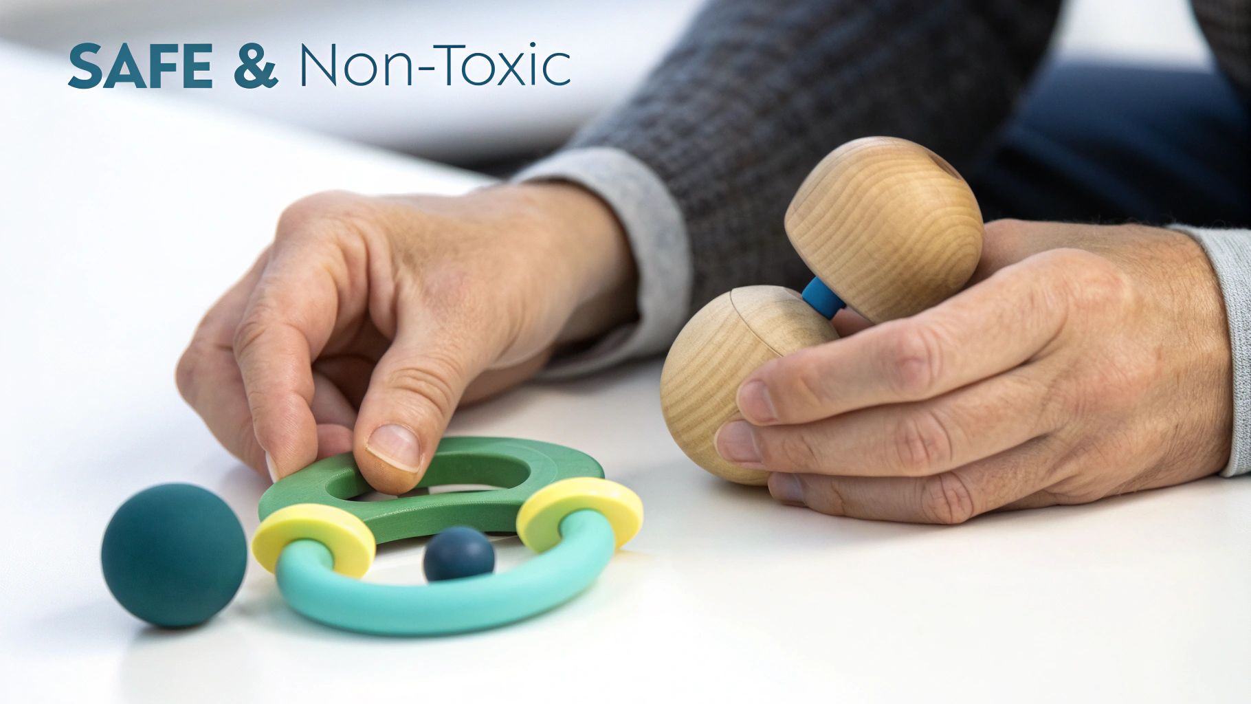 Hands hold safe and non-toxic baby toys, including a wooden rattle and a colorful teether on a white surface.
