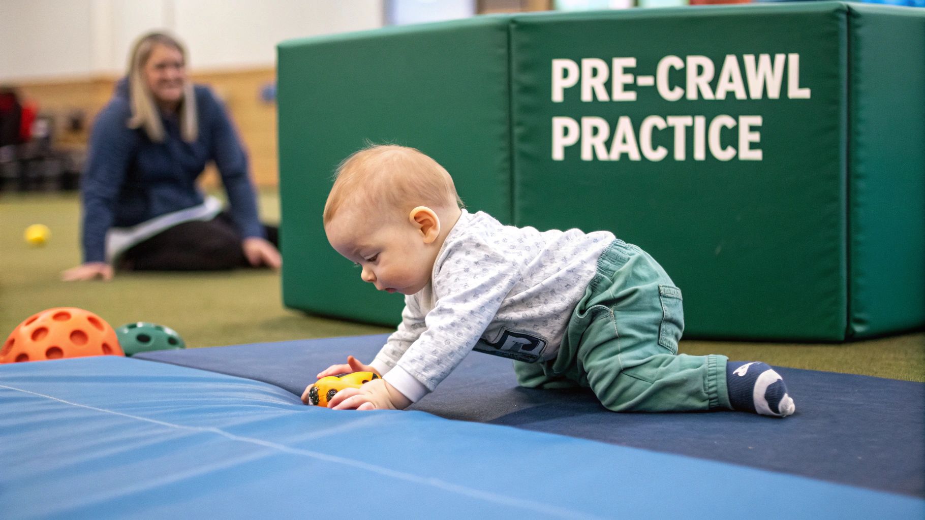 A baby practices crawling on a blue mat, holding a toy car, with an adult in the background.