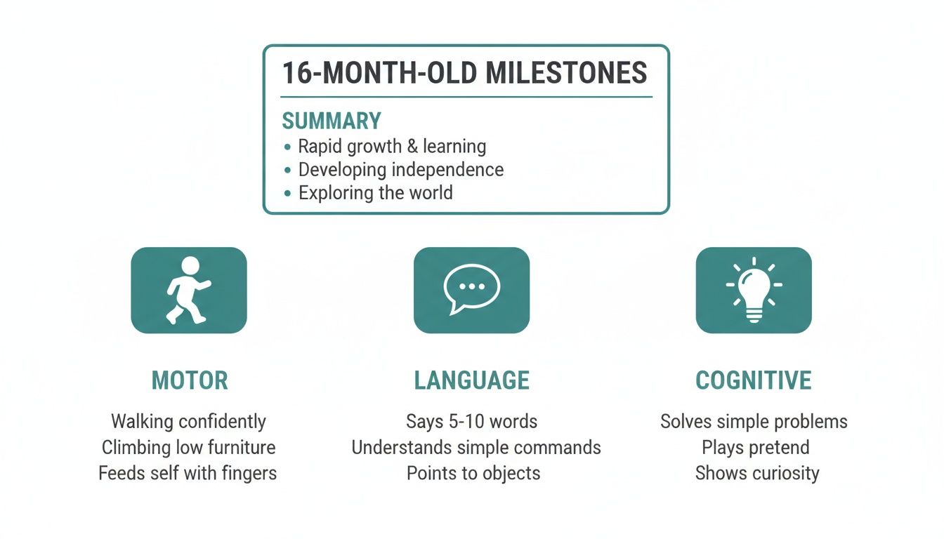A chart detailing 16-month-old developmental milestones, including motor, language, and cognitive skills, with a summary.