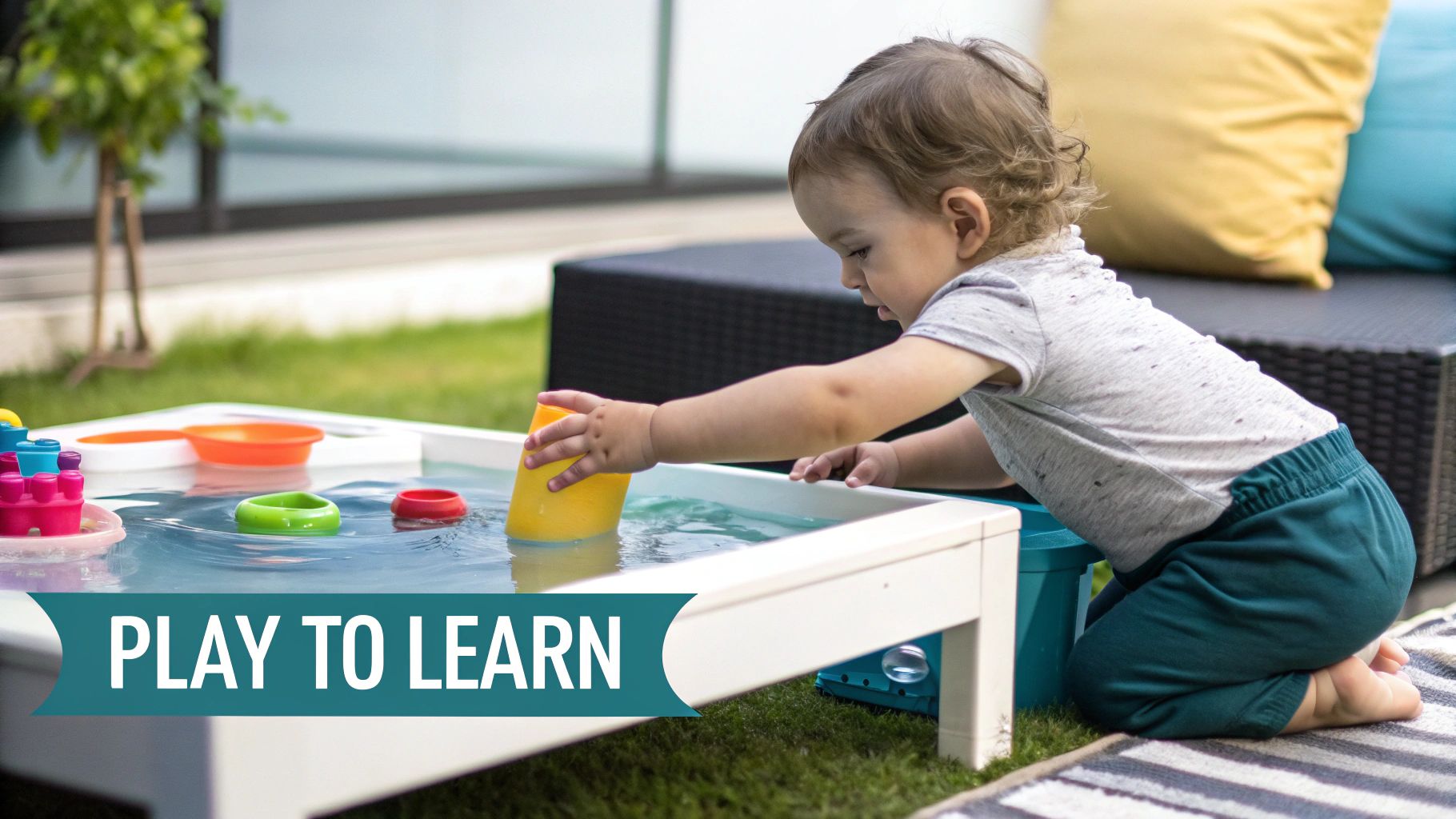 A happy toddler plays with water and colorful toys in an outdoor water table, kneeling on a mat.