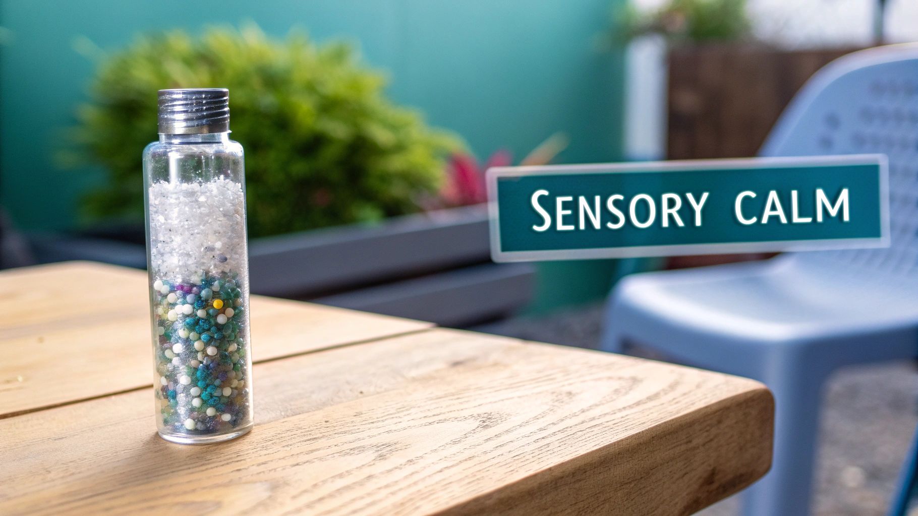 Three colourful sensory bottles with glitter and beads inside, held by a child's hands.