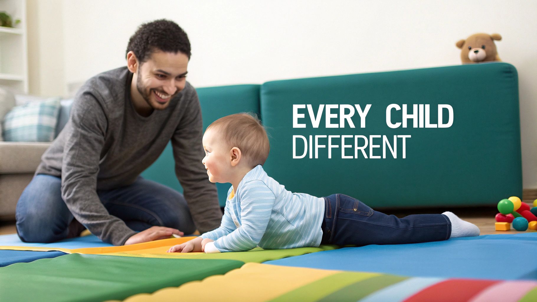 A baby happily playing with colourful wooden toys on the floor, showcasing early development.