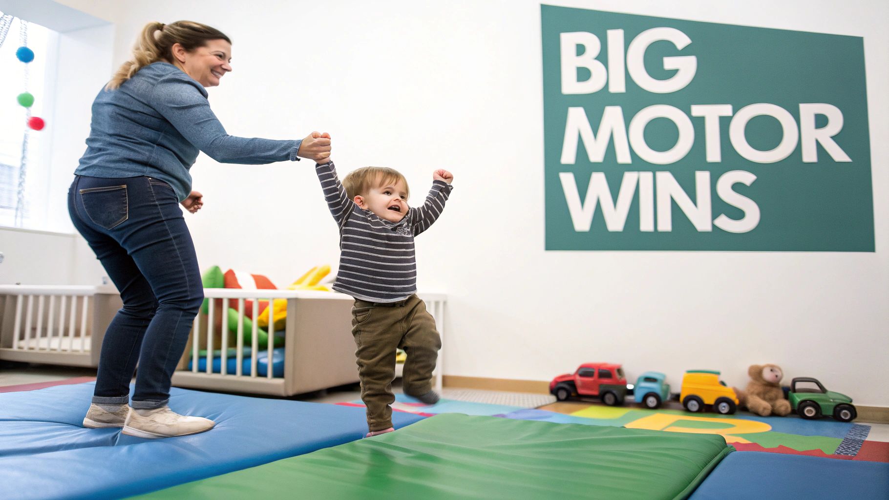 A smiling woman helps a happy toddler with raised arms practice motor skills on colorful play mats.