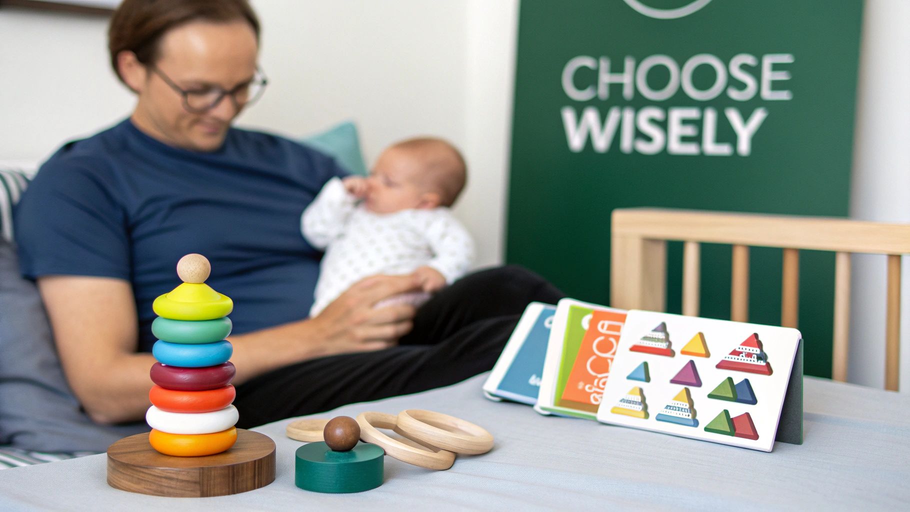 A happy father holds his infant baby while colorful stacking rings and learning cards sit on a table.