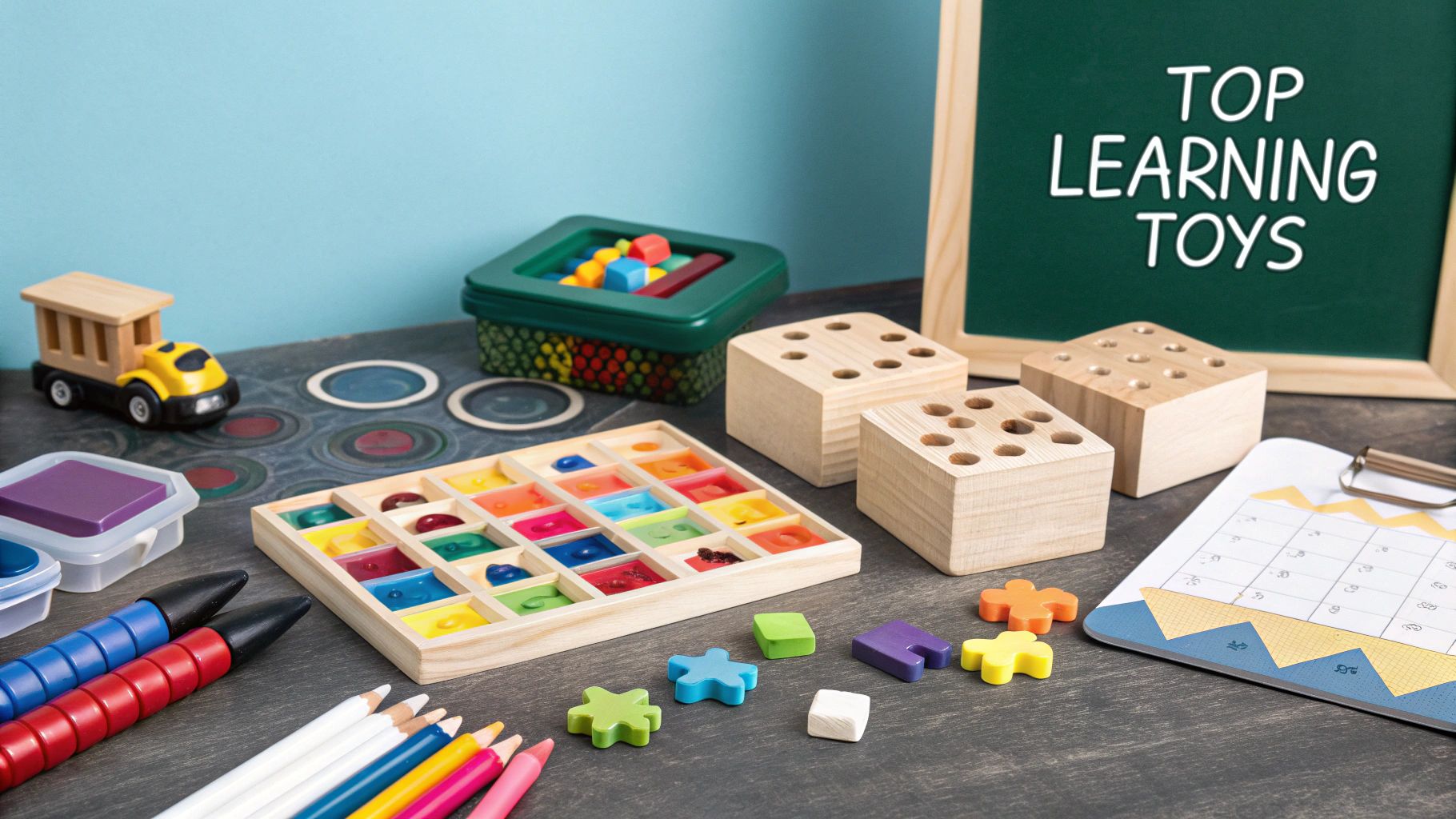 A vibrant collection of wooden learning toys, including blocks, a shape sorter, and puzzles, arranged on a colourful playmat.
