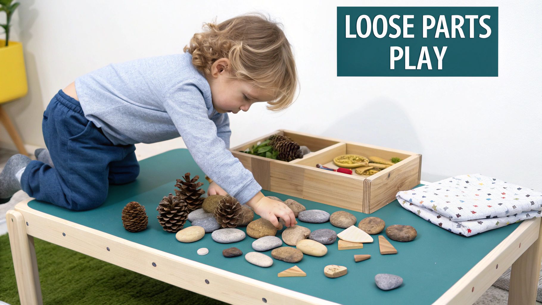 A young child intently plays with various natural loose parts on a green activity table.