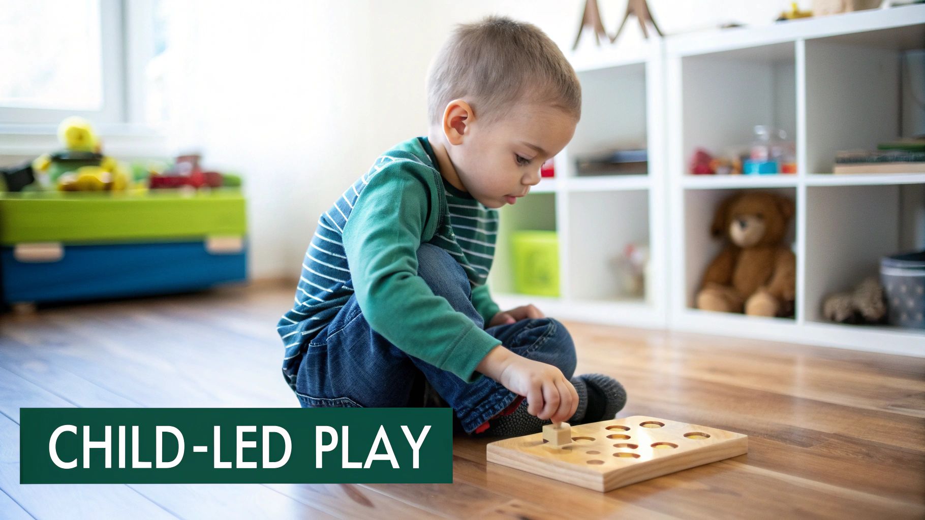 A young boy in a striped shirt sits on a wooden floor, intently playing with a wooden peg puzzle.
