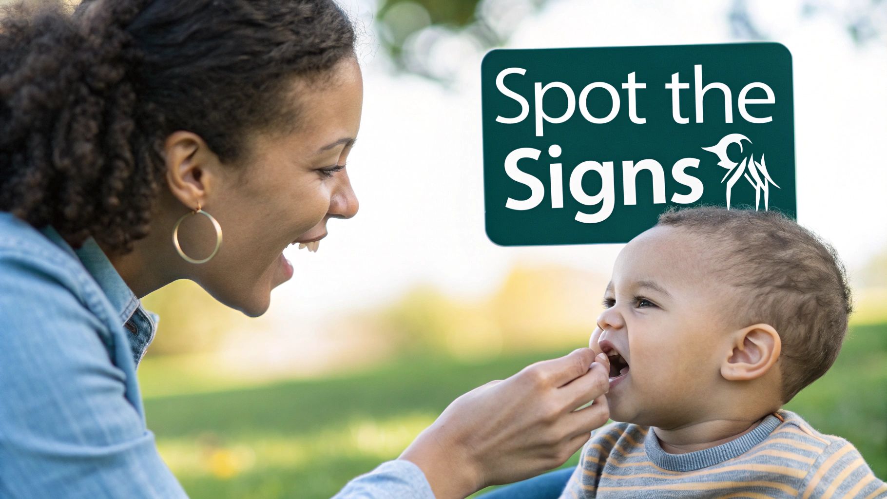 A joyful mother feeds her baby, who is opening their mouth wide, in a bright outdoor setting.