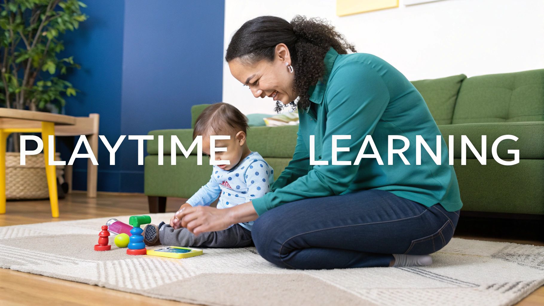 A smiling woman and a baby are playing on a rug with colorful educational toys.