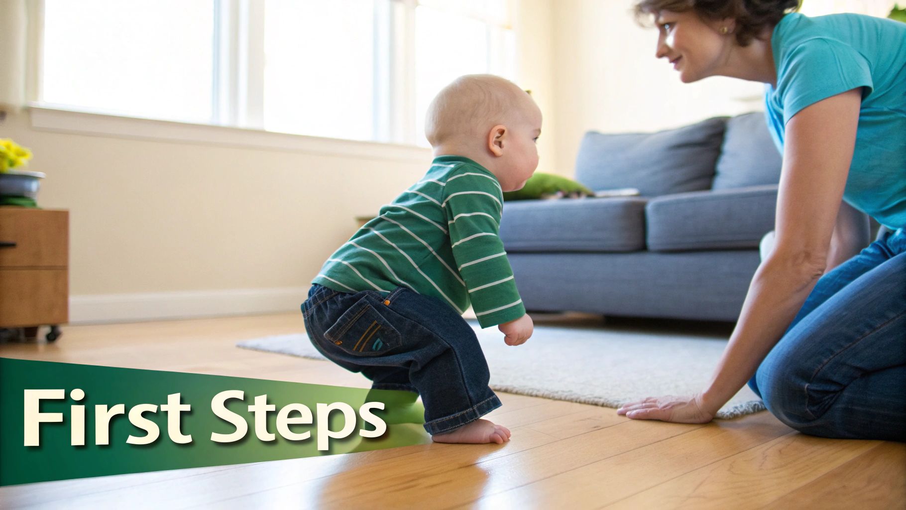 A baby sitting confidently on the floor, a crucial step before walking.