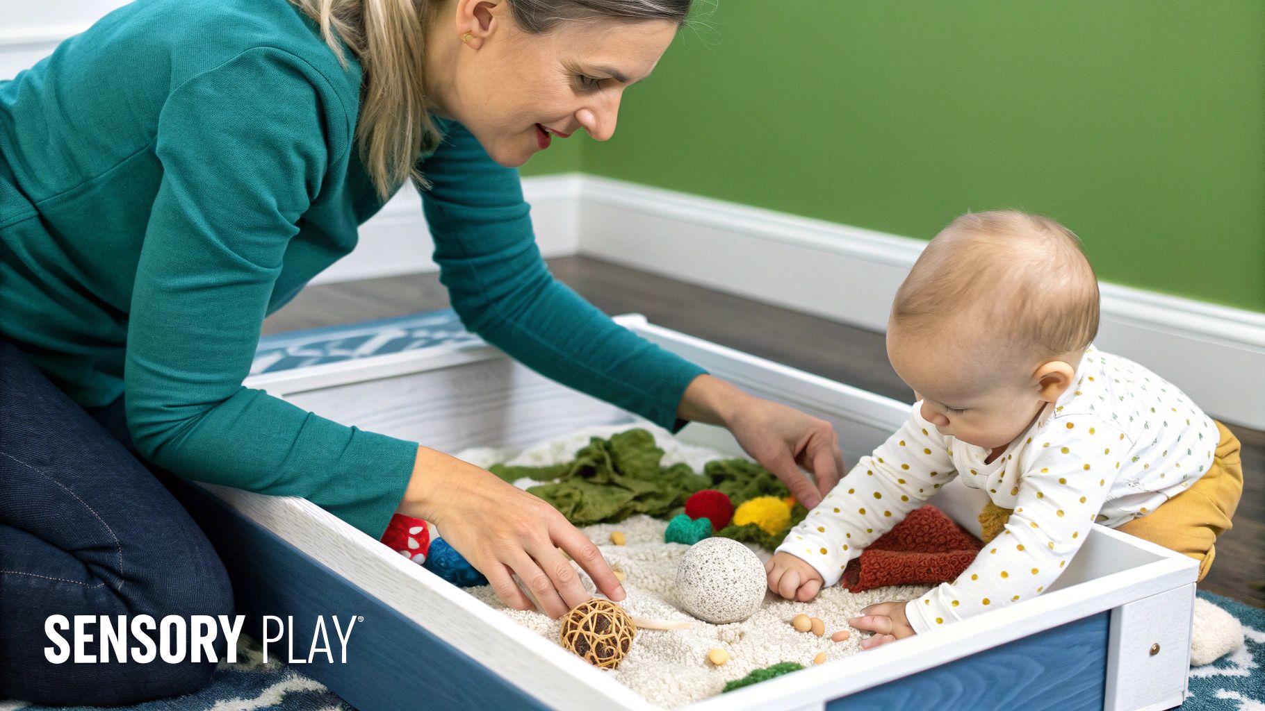 A smiling woman and a baby explore a sensory play tray filled with textured objects and sand.