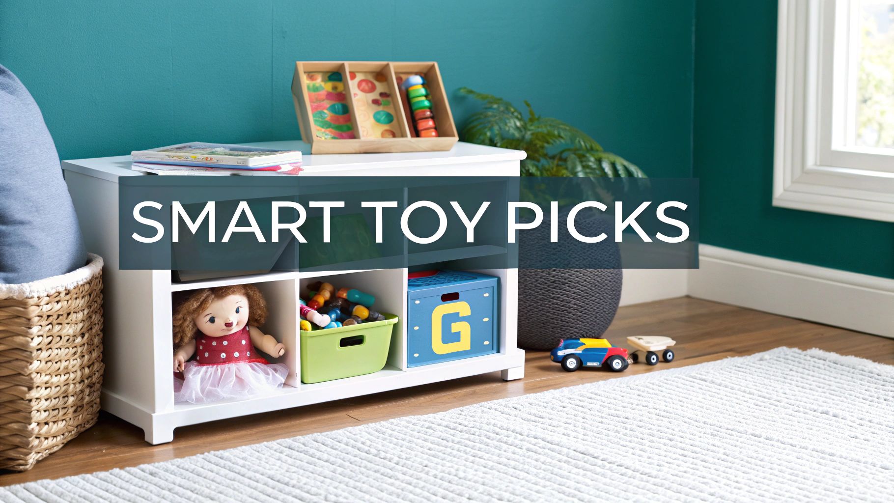 A white toy storage unit filled with a doll, toy bins, books, and educational sorting toys.