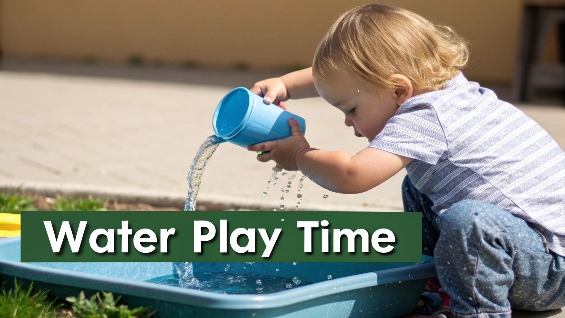 Blond-haired toddler in a striped shirt and jeans plays with water outside, pouring from a blue cup.
