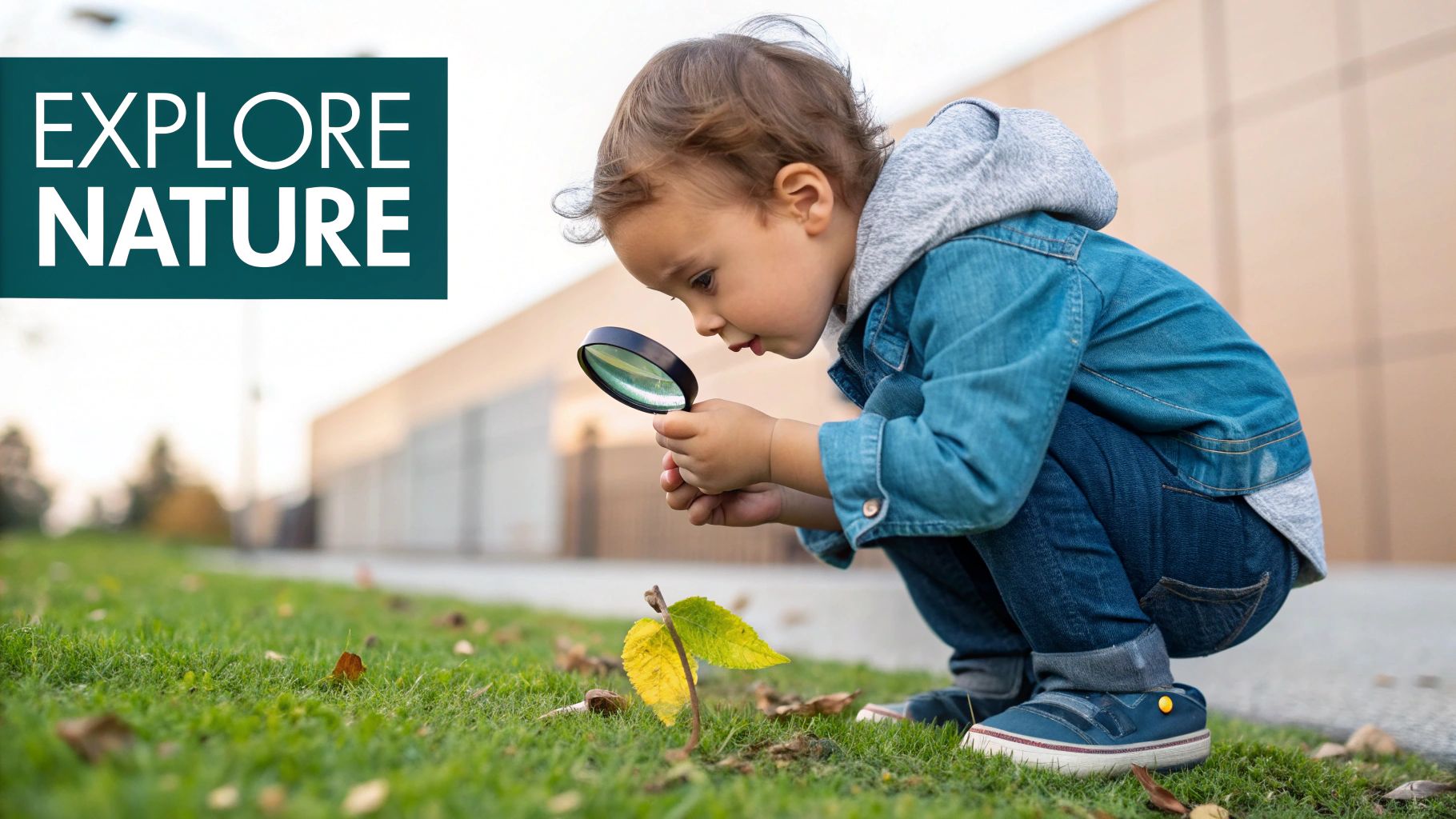 A curious toddler explores a yellow leaf on the grass with a magnifying glass.