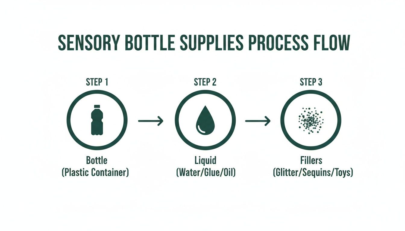 A flow chart illustrating the three steps to make a sensory bottle: bottle, liquid, and fillers.