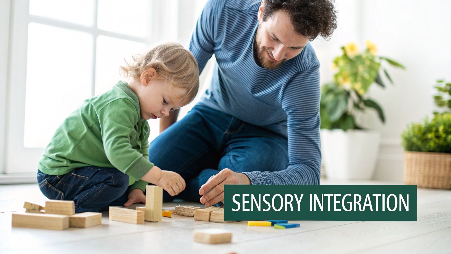 A father and young child play on the floor with wooden blocks, engaging in sensory integration activities.