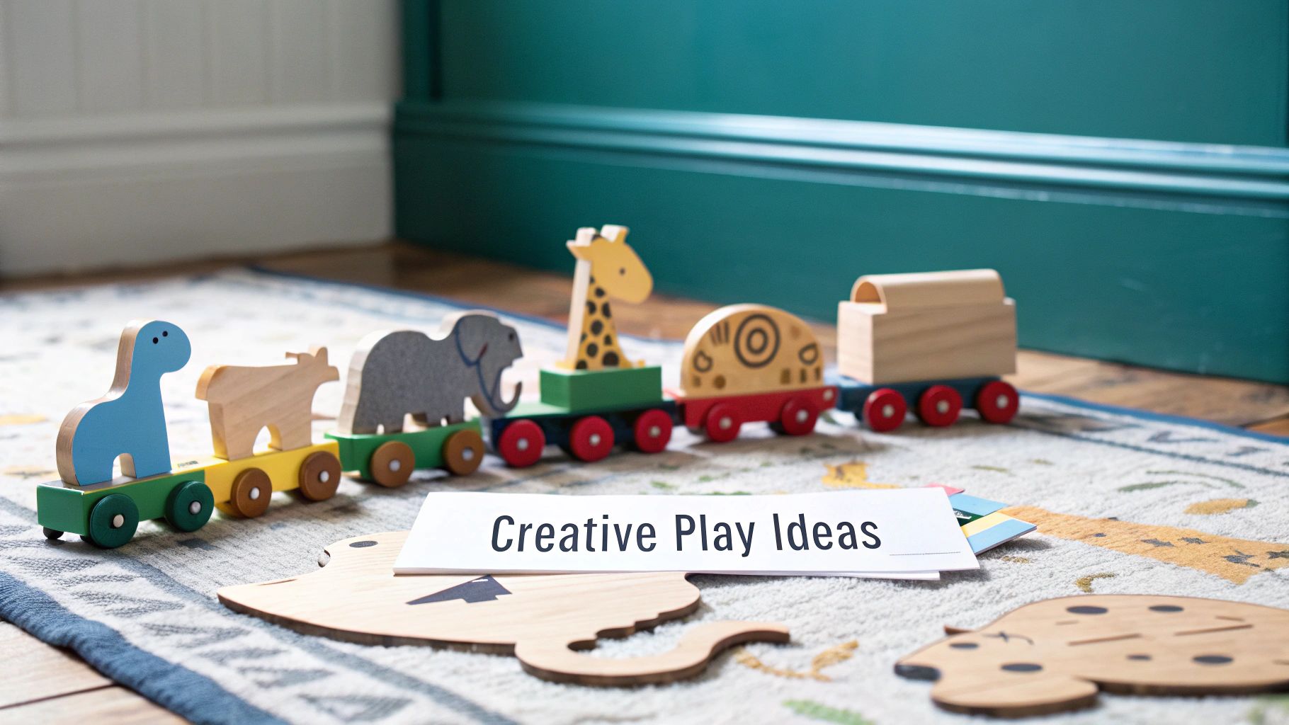 A colorful wooden toy train with various animal figures on a patterned rug, next to a "Creative Play Ideas" card.
