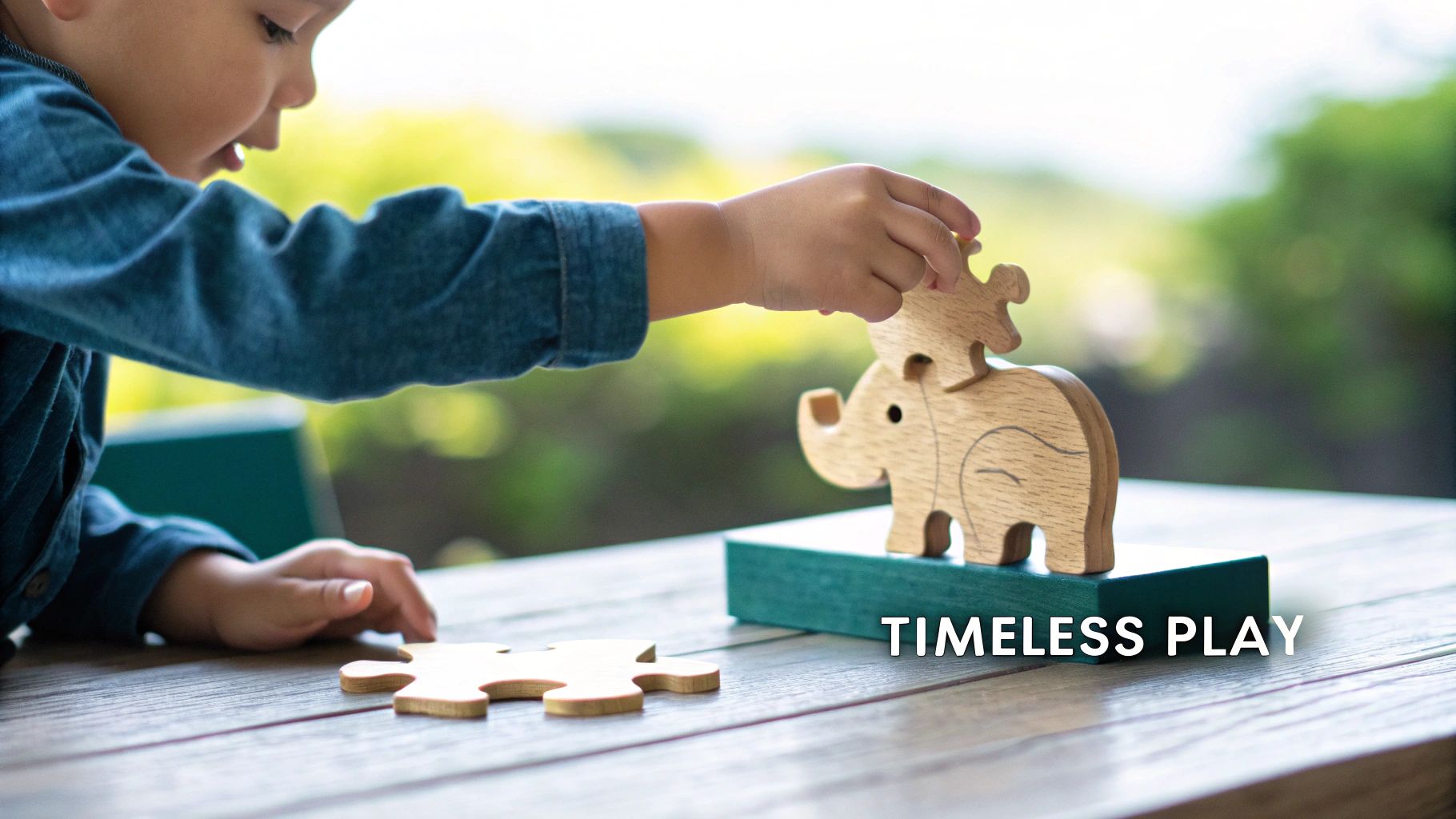 A young child's hands carefully placing wooden elephant puzzle pieces on a wooden table.