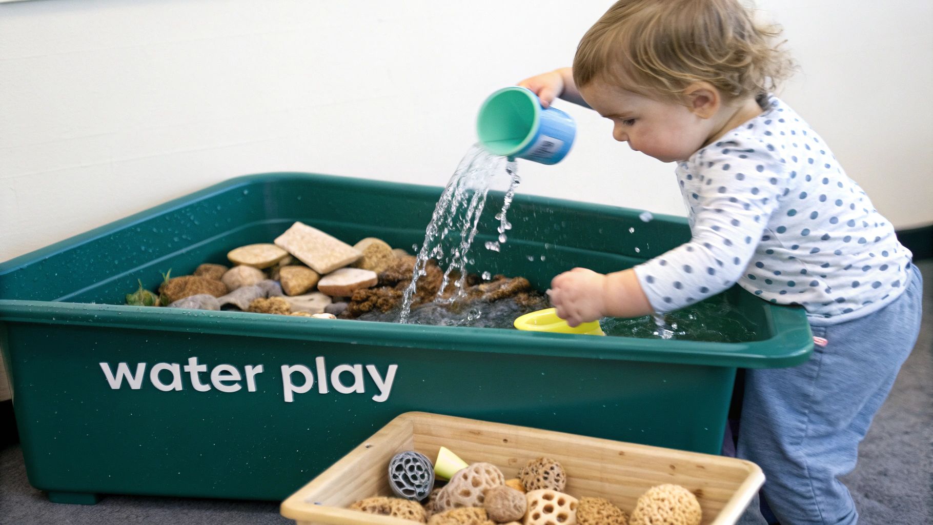 A toddler pours water into a green 'water play' bin filled with rocks and toys.