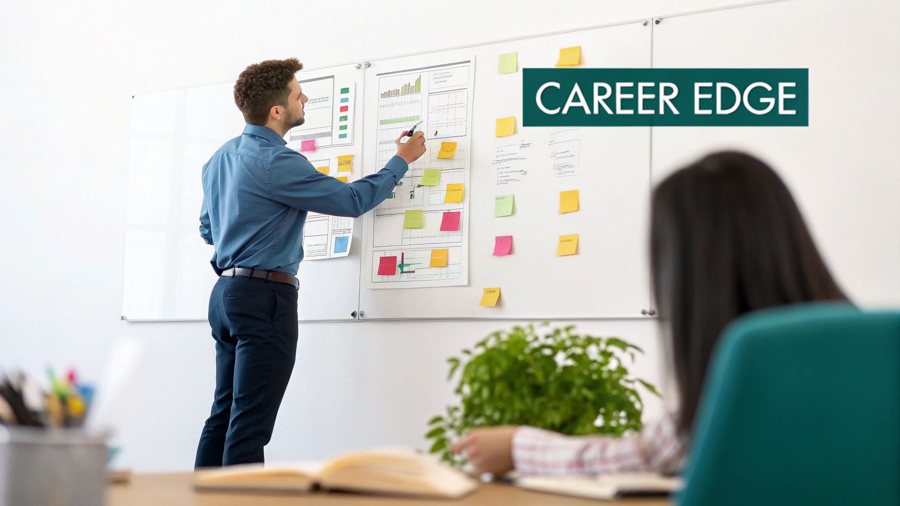 A professional woman confidently presenting in a modern office, symbolizing career advancement through strong problem-solving skills.